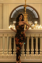 Sexy Sheath Strapless Black Floral Prom Dresses Birthday Outfits Evening Gown