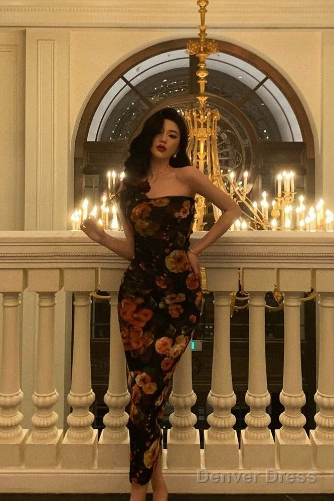 Sexy Sheath Strapless Black Floral Prom Dresses Birthday Outfits Evening Gown