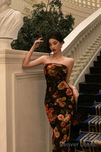 Sexy Sheath Strapless Black Floral Prom Dresses Birthday Outfits Prom Gowns