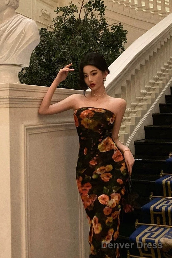 Sexy Sheath Strapless Black Floral Prom Dresses Birthday Outfits Prom Gowns