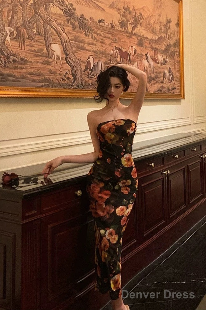 Sexy Sheath Strapless Black Floral Prom Dresses Birthday Outfits Evening Gown