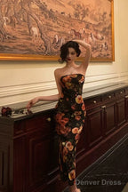 Sexy Sheath Strapless Black Floral Prom Dresses Birthday Outfits Prom Gowns