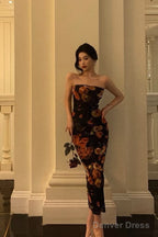 Sexy Sheath Strapless Black Floral Prom Dresses Birthday Outfits Prom Gowns
