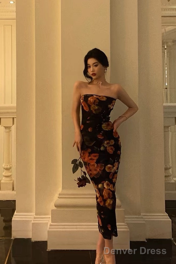 Sexy Sheath Strapless Black Floral Prom Dresses Birthday Outfits Prom Gowns