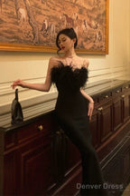 Sexy Sheath Strapless Black Satin Feather Prom Dresses Birthday Outfits