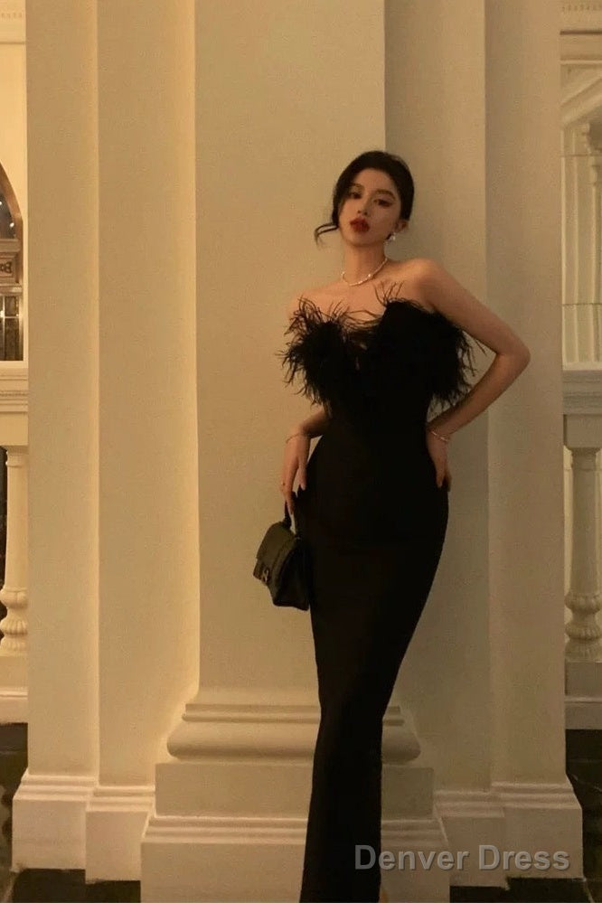 Sexy Sheath Strapless Black Satin Feather Prom Dresses Birthday Outfits Main image