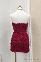 Sexy Sheath Strapless Burgundy Tulle Travel Vacation Dress Short Birthday Dresses