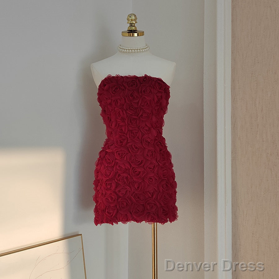 Sexy Sheath Strapless Burgundy Tulle Travel Vacation Dress Short Birthday Dresses