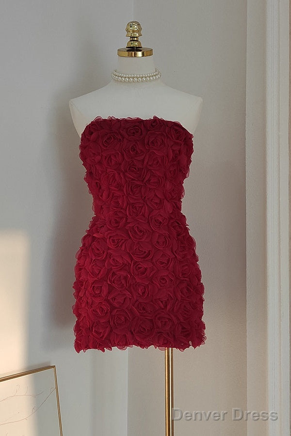 Sexy Sheath Strapless Burgundy Tulle Travel Vacation Dress Short Birthday Dresses