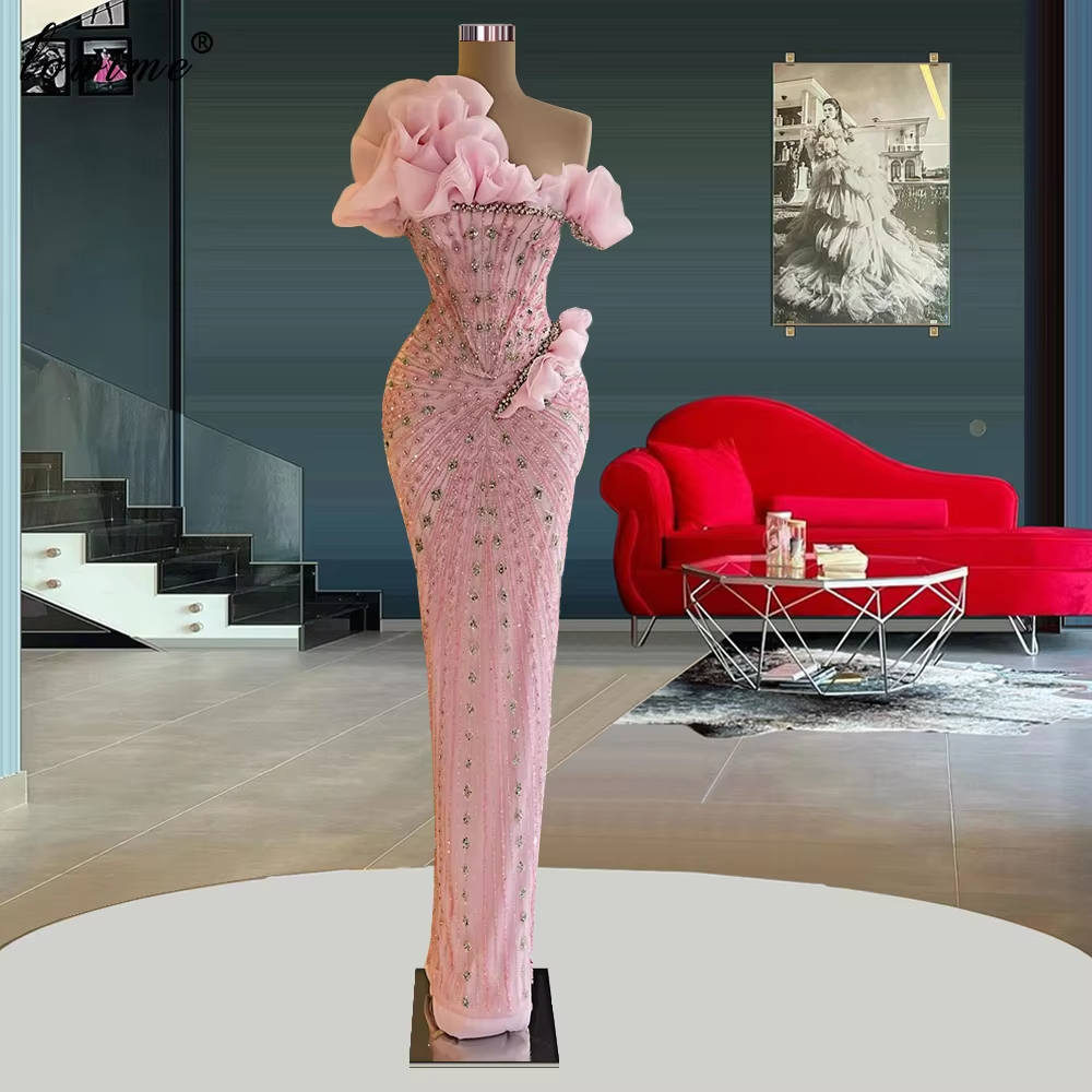 Sexy Sheath Strapless Pink Long Prom Dress With Beads