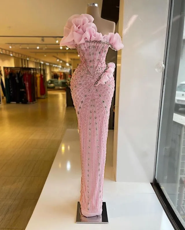 Sexy Sheath Strapless Pink Long Prom Dress With Beads