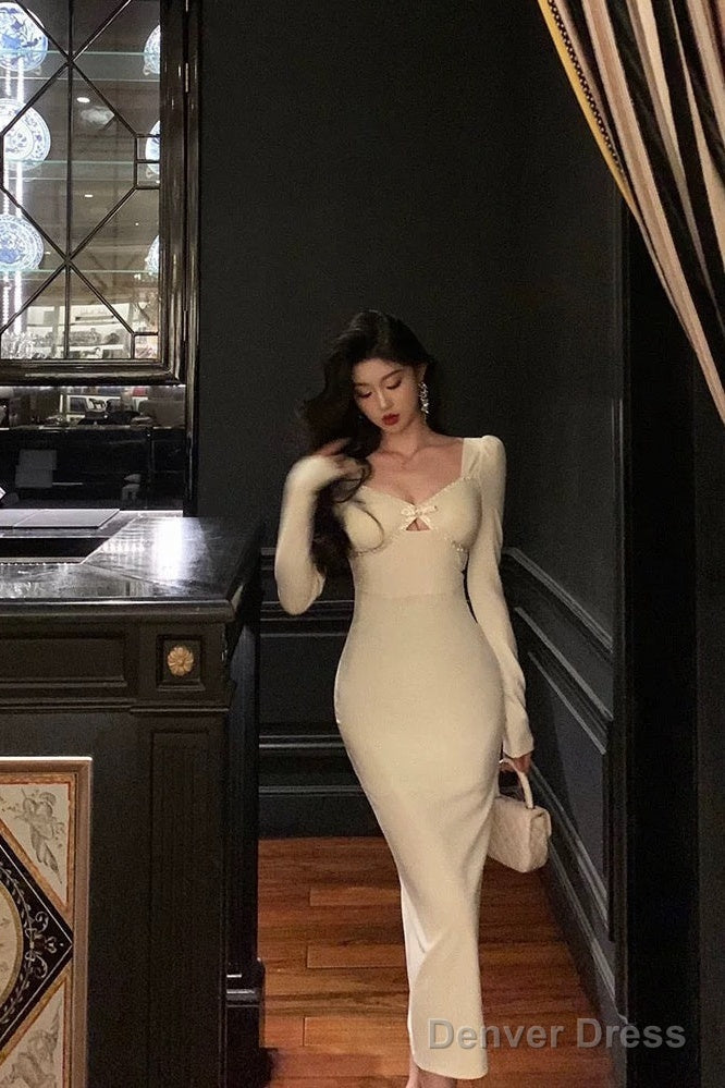 Sexy Sheath Strapless White Long Sleeves Prom Dresses Birthday Outfits Prom Gowns