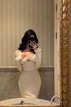 Sexy Sheath Strapless White Long Sleeves Prom Dresses Birthday Outfits Prom Gowns