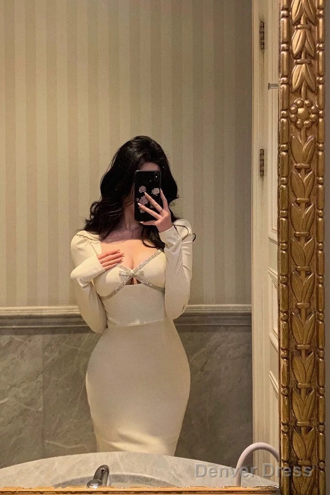 Sexy Sheath Strapless White Long Sleeves Prom Dresses Birthday Outfits Prom Gowns