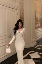 Sexy Sheath Strapless White Long Sleeves Prom Dresses Birthday Outfits Prom Gowns