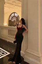 Sexy Sheath Straps Black Long Velvet Prom Dresses Birthday Outfits