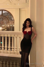 Sexy Sheath Straps Black Long Velvet Prom Dresses Birthday Outfits