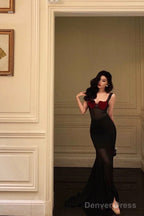 Sexy Sheath Straps Black Long Velvet Prom Dresses Birthday Outfits
