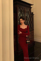 Sexy Sheath Straps Burgundy Long Sleeves Prom Dresses Birthday Outfits