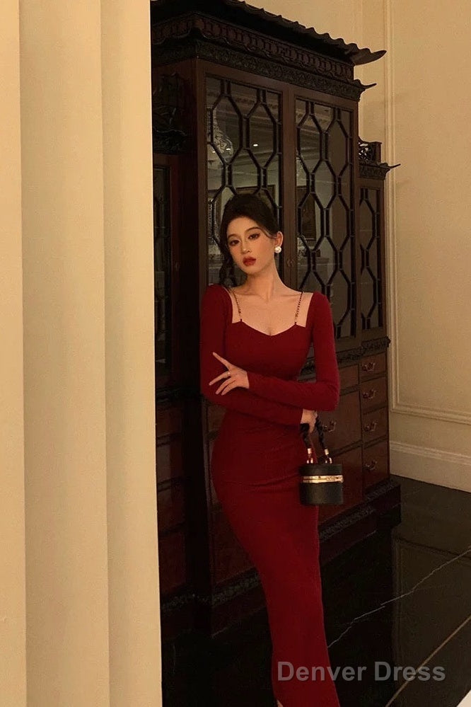 Sexy Sheath Straps Burgundy Long Sleeves Prom Dresses Birthday Outfits