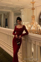 Sexy Sheath Straps Burgundy Long Sleeves Prom Dresses Birthday Outfits