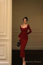 Sexy Sheath Straps Burgundy Long Sleeves Prom Dresses Birthday Outfits