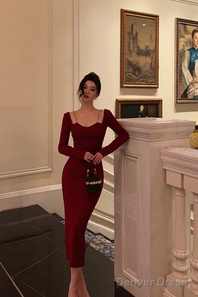 Sexy Sheath Straps Burgundy Long Sleeves Prom Dresses Birthday Outfits Main image