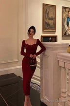 Sexy Sheath Straps Burgundy Long Sleeves Prom Dresses Birthday Outfits