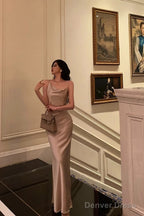 Sexy Sheath Straps Champagne Slit Prom Dresses Long Birthday Outfits