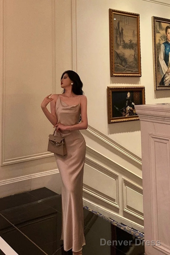 Sexy Sheath Straps Champagne Slit Prom Dresses Long Birthday Outfits