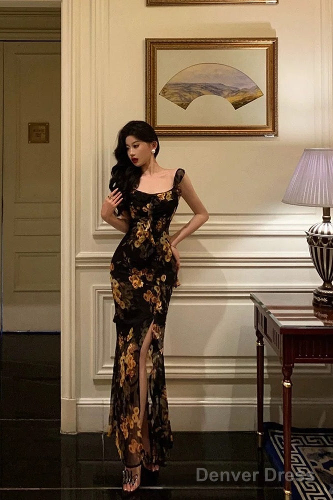 Sexy Sheath Straps Floral Chiffon Slit Long Prom Dresses Birthday Outfits Secondary image