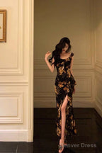 Sexy Sheath Straps Floral Chiffon Slit Long Prom Dresses Birthday Outfits