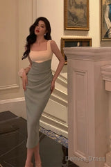 Sexy Sheath Straps Green Satin Prom Dresses Birthday Outfits Evening Gown