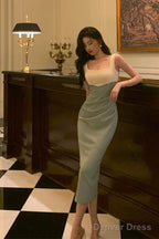 Sexy Sheath Straps Green Satin Prom Dresses Birthday Outfits Prom Gowns