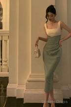 Sexy Sheath Straps Green Satin Prom Dresses Birthday Outfits Prom Gowns