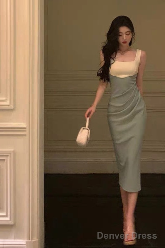 Sexy Sheath Straps Green Satin Prom Dresses Birthday Outfits Prom Gowns