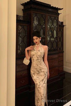 Sexy Sheath Straps Halter Floral Satin Prom Dresses Birthday Outfits Prom Gowns