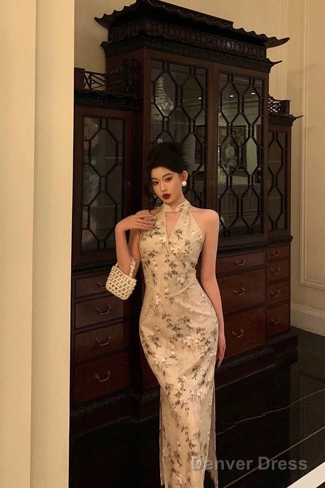 Sexy Sheath Straps Halter Floral Satin Prom Dresses Birthday Outfits Prom Gowns