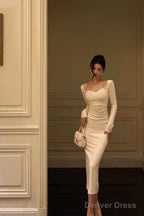 Sexy Sheath Straps Long Sleeves White Ankle Length Prom Dress Birthday Dresses
