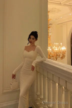 Sexy Sheath Straps Long Sleeves White Ankle Length Prom Dresses Birthday Dress