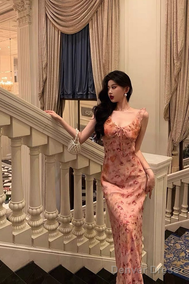 Sexy Sheath Straps Pink Floral Chiffon Ruffles Prom Dresses Birthday Outfits Prom Gowns