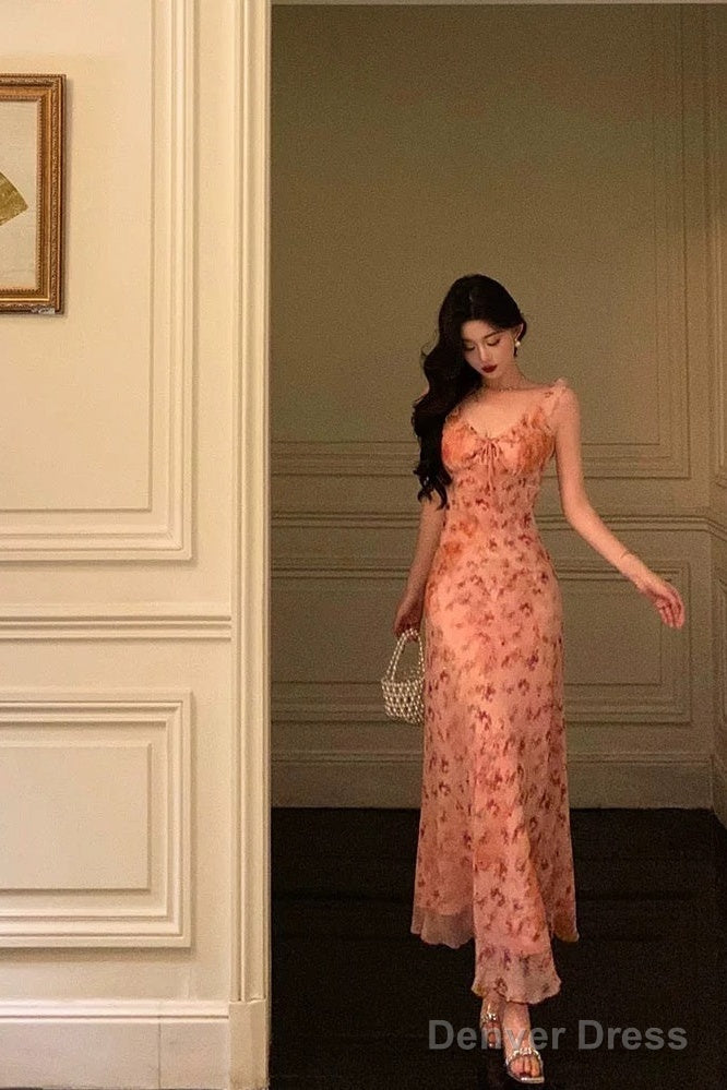 Sexy Sheath Straps Pink Floral Chiffon Ruffles Prom Dresses Birthday Outfits Prom Gowns