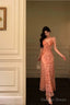 Sexy Sheath Straps Pink Floral Chiffon Ruffles Prom Dresses Birthday Outfits Prom Gowns