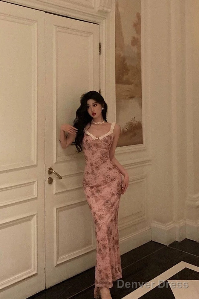 Sexy Sheath Straps Pink Floral Prom Dresses Long Birthday Outfits Prom Gowns