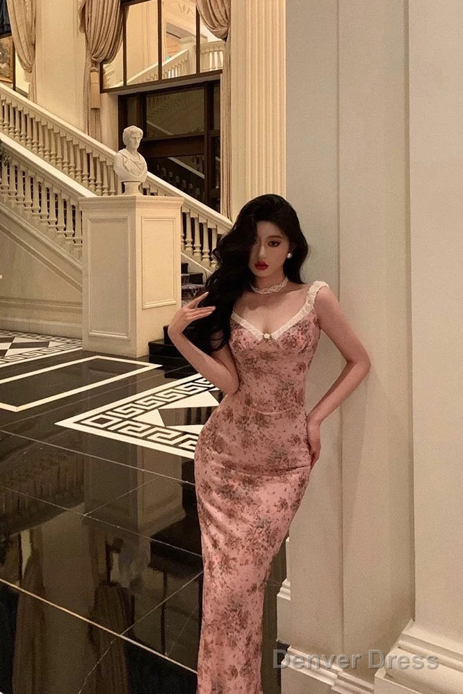 Sexy Sheath Straps Pink Floral Prom Dresses Long Birthday Outfits Evening Gown