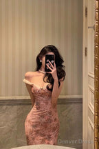 Sexy Sheath Straps Pink Floral Prom Dresses Long Birthday Outfits Prom Gowns