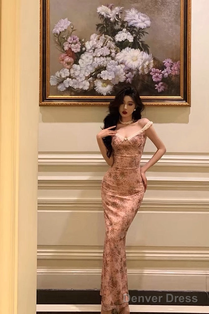 Sexy Sheath Straps Pink Floral Prom Dresses Long Birthday Outfits Prom Gowns