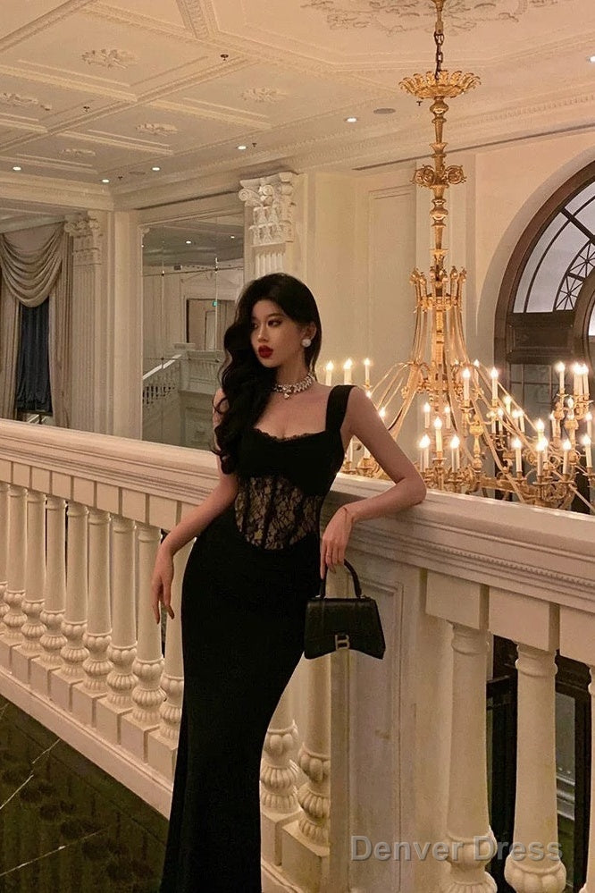 Sexy Sheath Straps Sleeveless Black Ankle Length Lace Prom Dresses Birthday Outfits