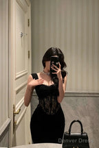 Sexy Sheath Straps Sleeveless Black Ankle Length Lace Prom Dresses Birthday Outfits