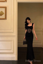 Sexy Sheath Straps Sleeveless Black Ankle Length Lace Prom Dresses Birthday Outfits